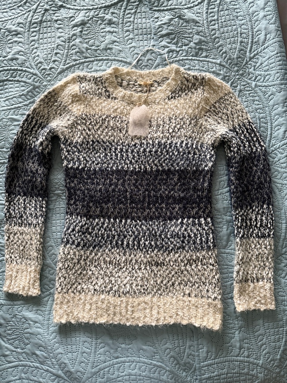 Hem & Thread Cream, Gray, and Black Striped Crewneck Sweater